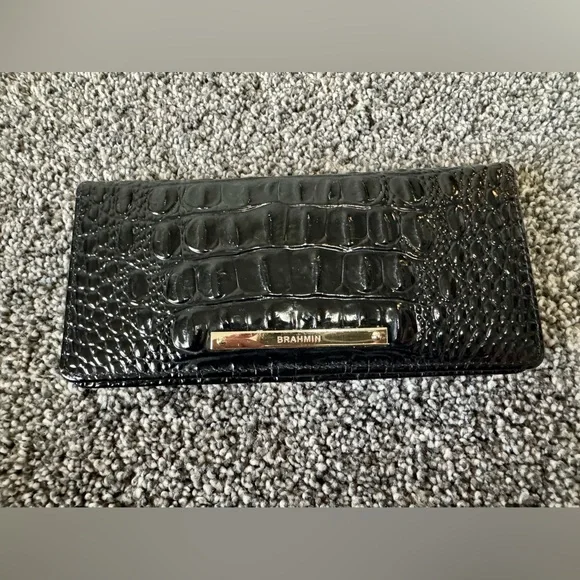 BRAHMIN Ady Slim Wallet Croc Embossed Continental Leather Black Melbourne $145 - Picture 1 of 13